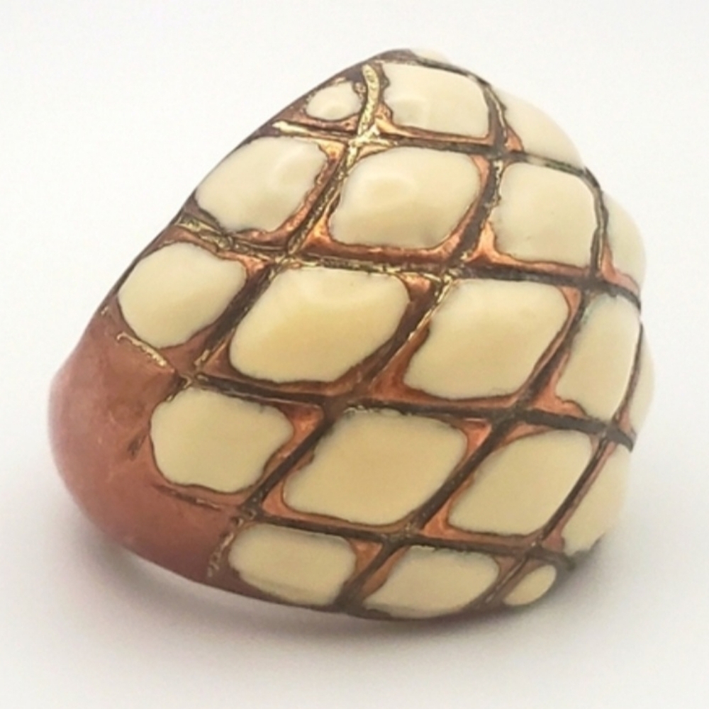 Vintage Modernist Ring Copper & Cream Enamel Lattice Design Statement Jewellery